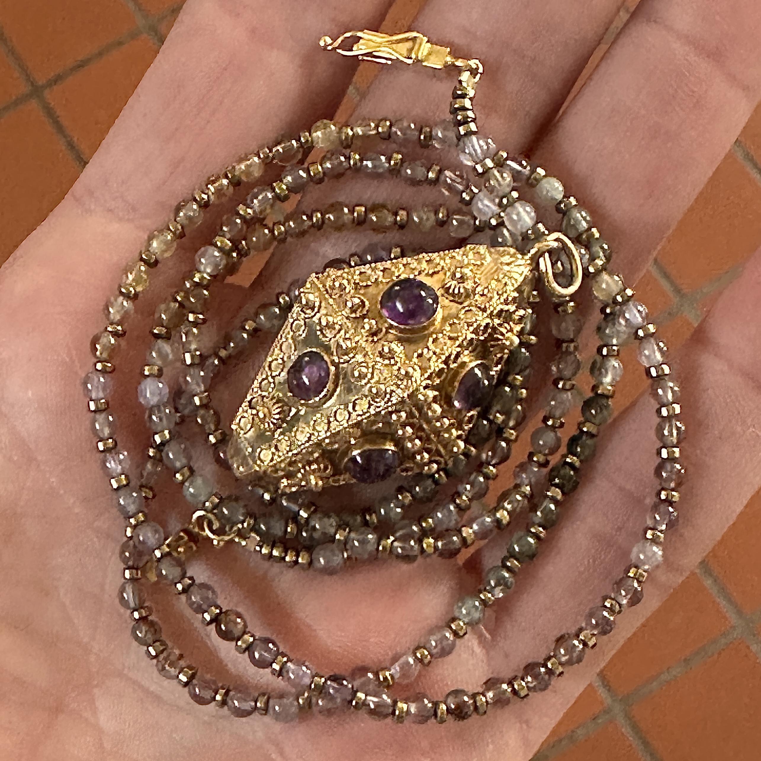 Etruscan-Style Lantern Fob Charm Circa 1960, in 18 Karat Yellow Gold w Amethysts For Sale 4