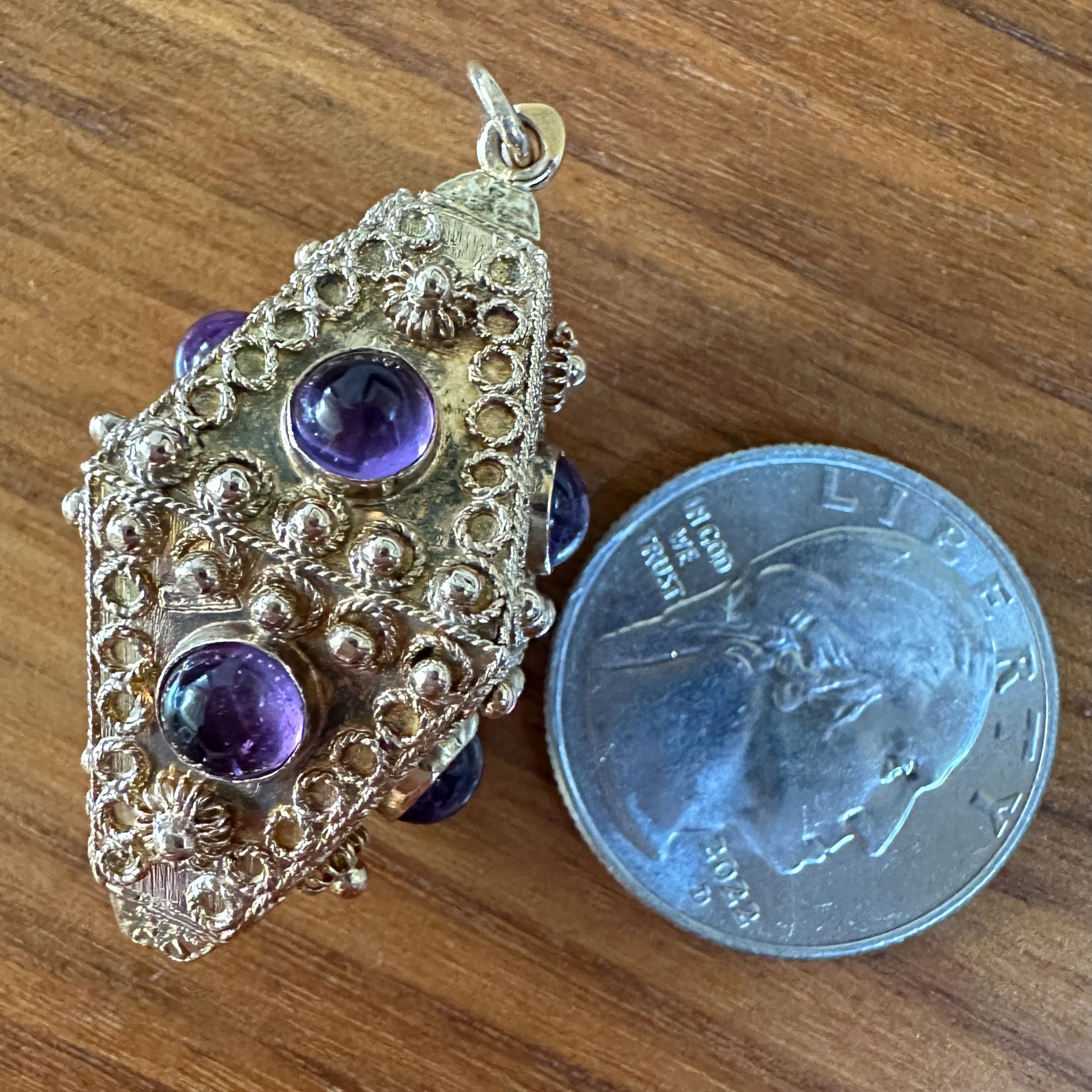 Etruscan-Style Lantern Fob Charm Circa 1960, in 18 Karat Yellow Gold w Amethysts For Sale 5