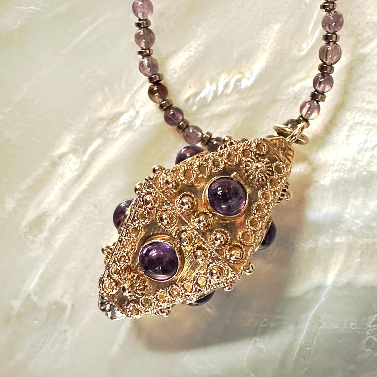 Etruscan Revival Etruscan-Style Lantern Fob Charm Circa 1960, in 18 Karat Yellow Gold w Amethysts For Sale