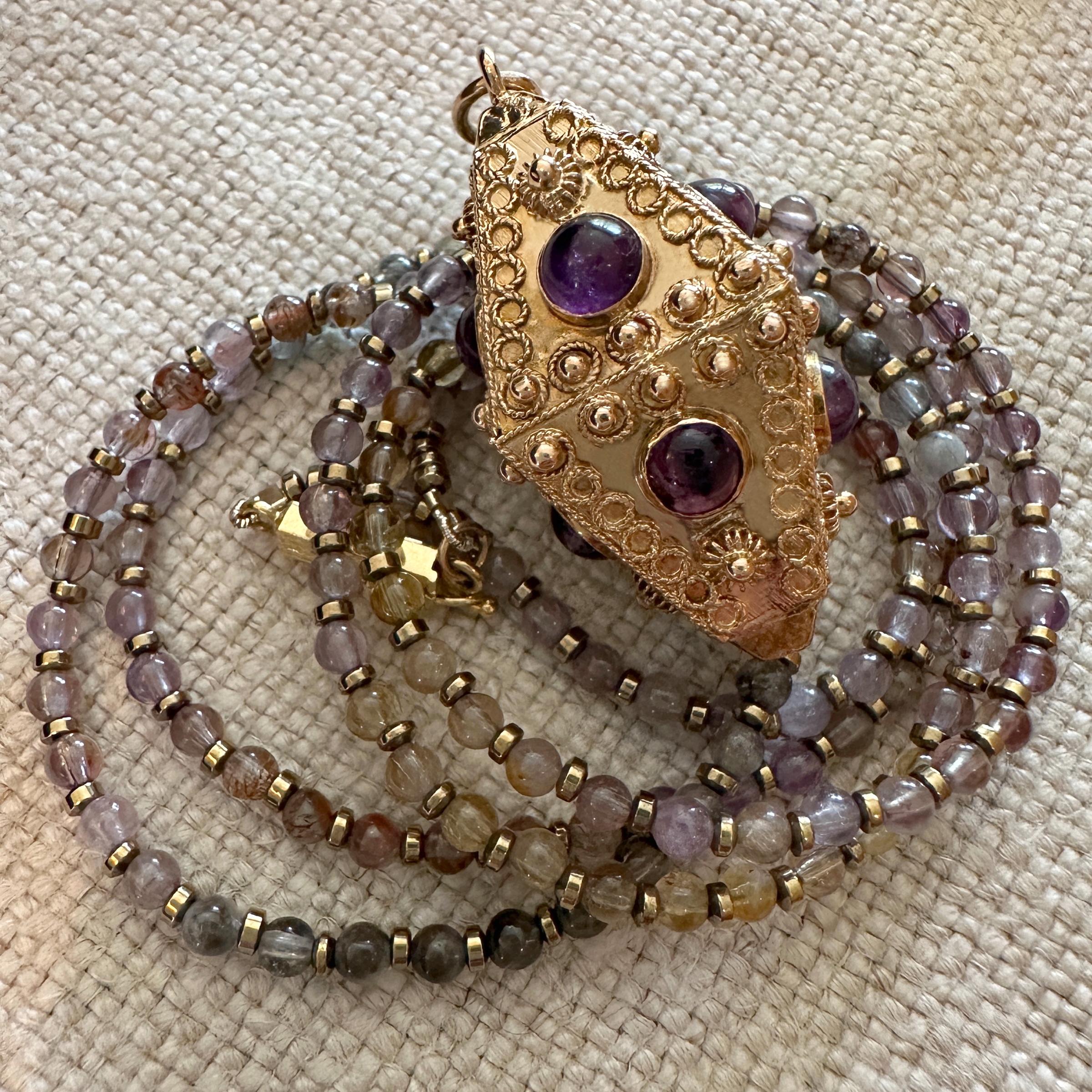 Cabochon Etruscan-Style Lantern Fob Charm Circa 1960, in 18 Karat Yellow Gold w Amethysts For Sale