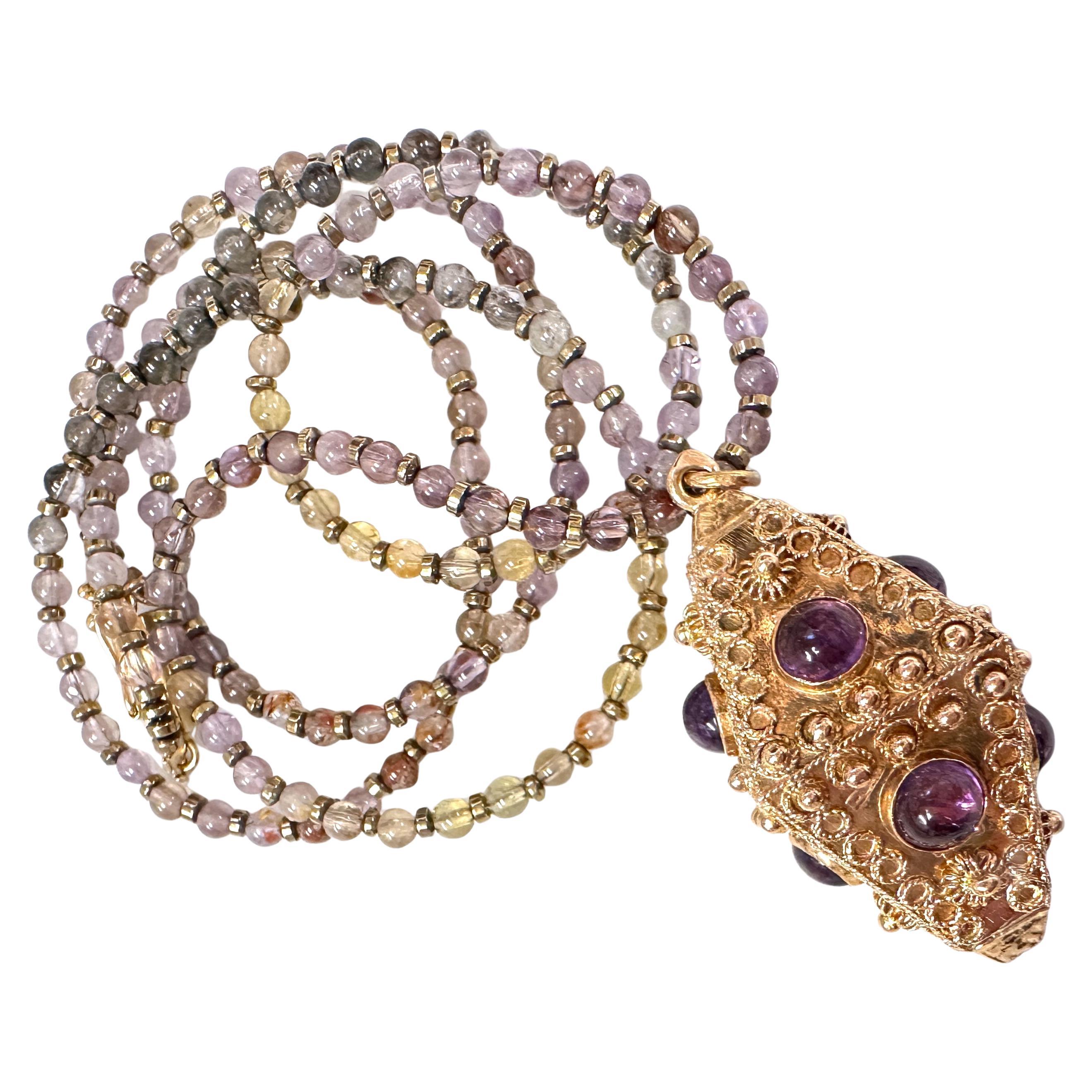 Women's or Men's Etruscan-Style Lantern Fob Charm Circa 1960, in 18 Karat Yellow Gold w Amethysts For Sale