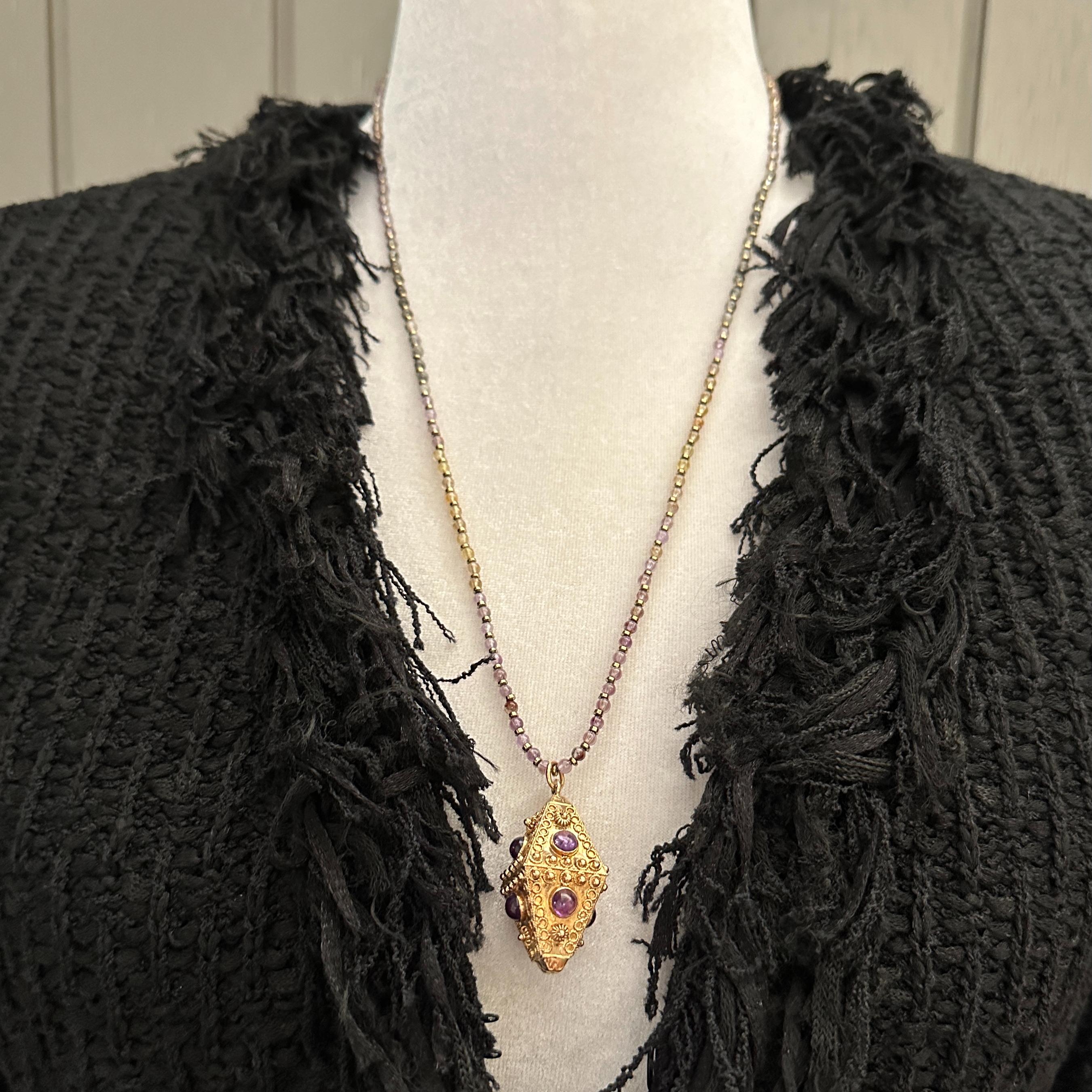 Etruscan-Style Lantern Fob Charm Circa 1960, in 18 Karat Yellow Gold w Amethysts For Sale 2