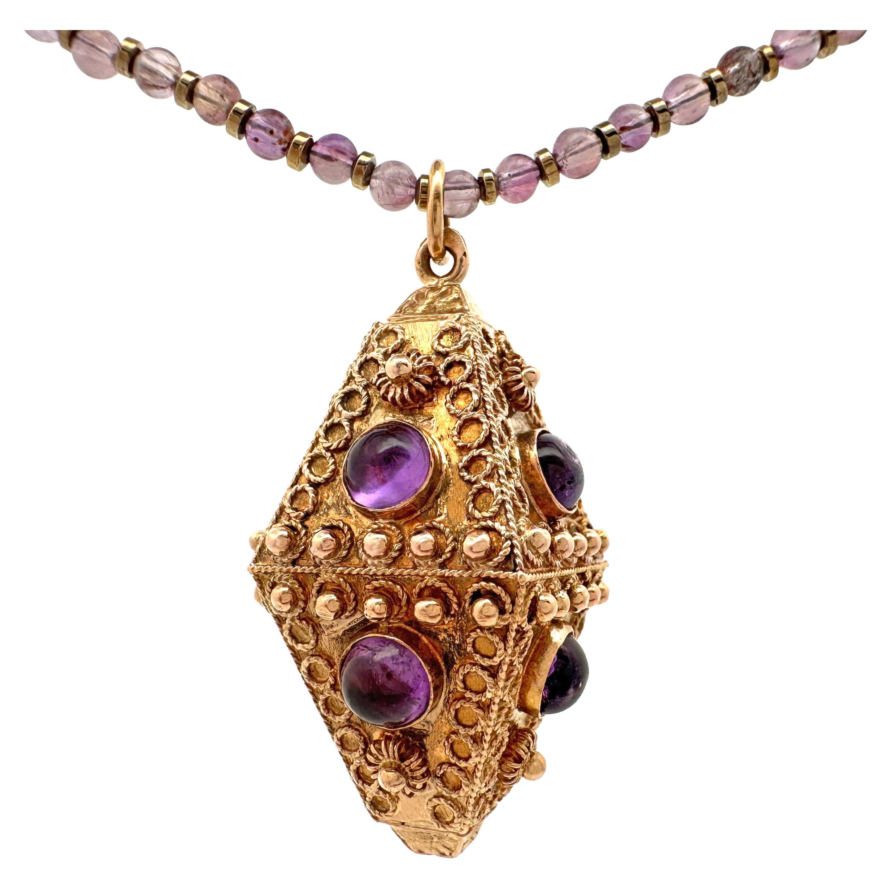 Etruscan-Style Lantern Fob Charm Circa 1960, in 18 Karat Yellow Gold w Amethysts For Sale