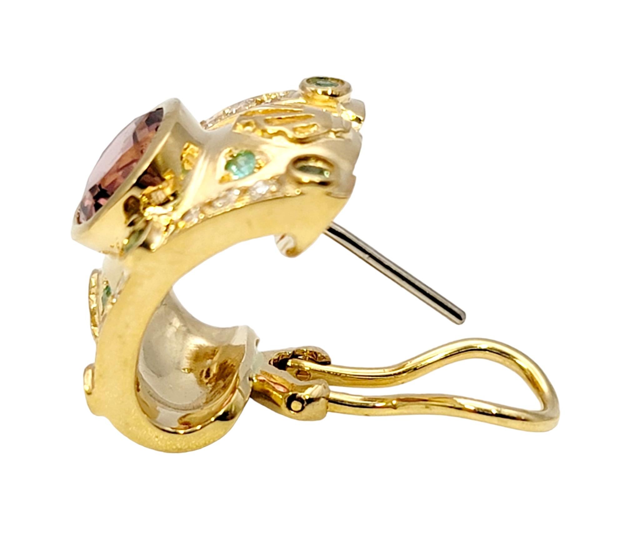 Ohrringe im etruskischen Stil mit Omega-Rücken und Diamanten und rosa und grünem Turmalin  im Angebot 4