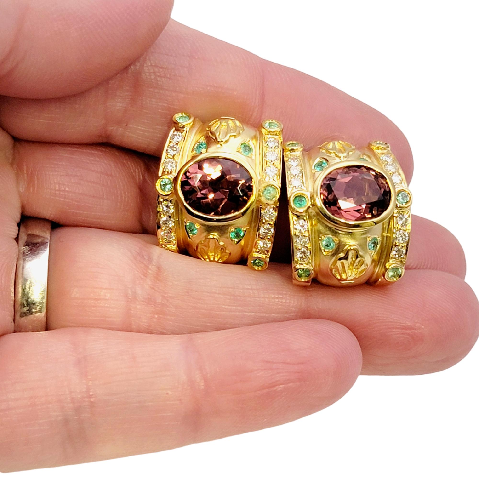 Etruscan Style Omega Back Earrings with Diamonds and Pink and Green Tourmaline For Sale 6