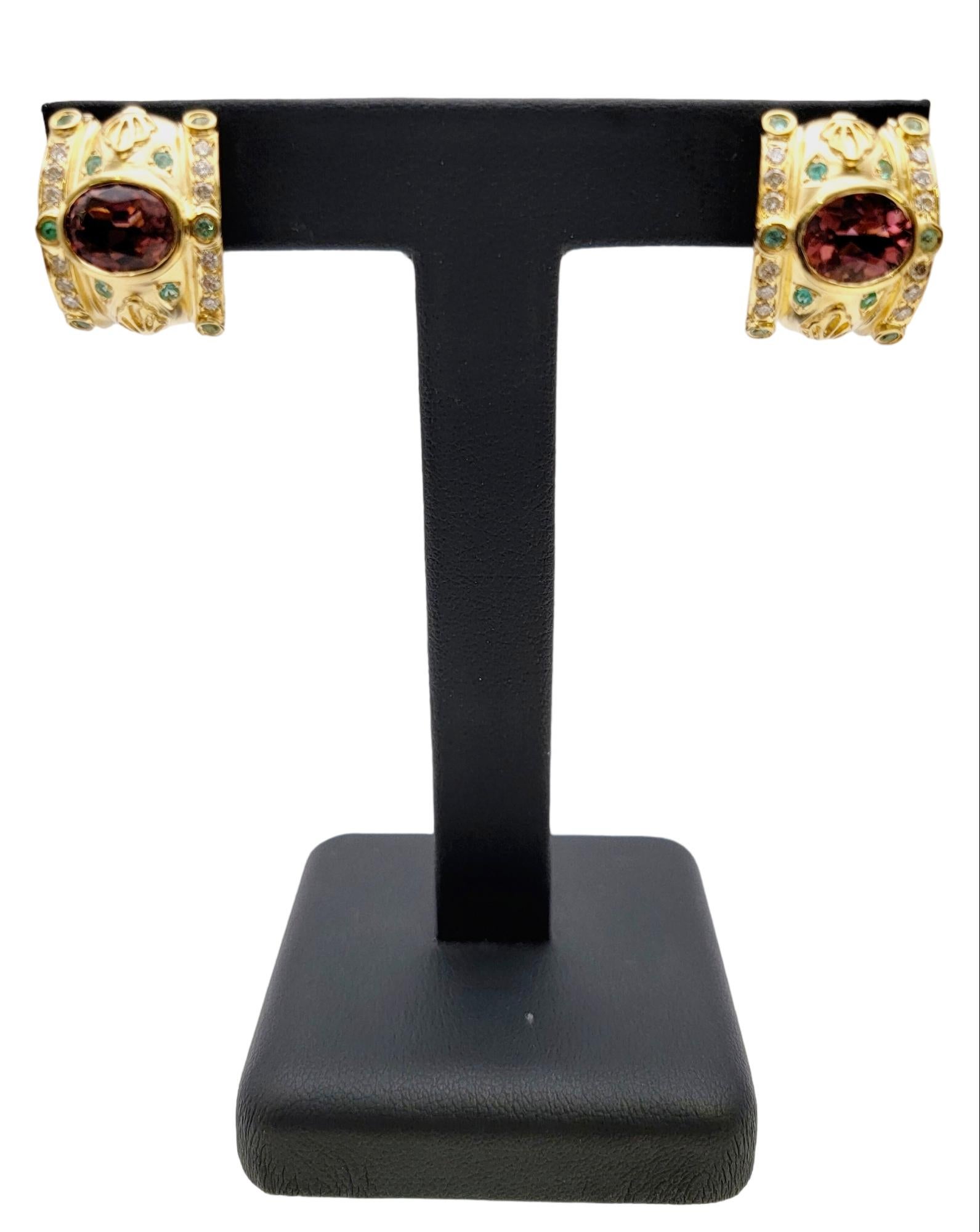 Etruscan Style Omega Back Earrings with Diamonds and Pink and Green Tourmaline For Sale 7