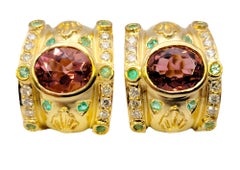 Etruscan Style Pink and Green Tourmaline Hoop Earrings with Diamonds 18K Gold