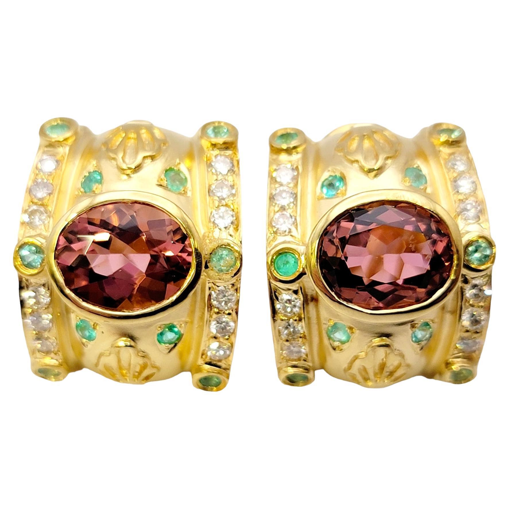 Etruscan Style Omega Back Earrings with Diamonds and Pink and Green Tourmaline For Sale