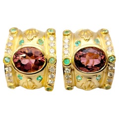 Etruscan Style Omega Back Earrings with Diamonds and Pink and Green Tourmaline