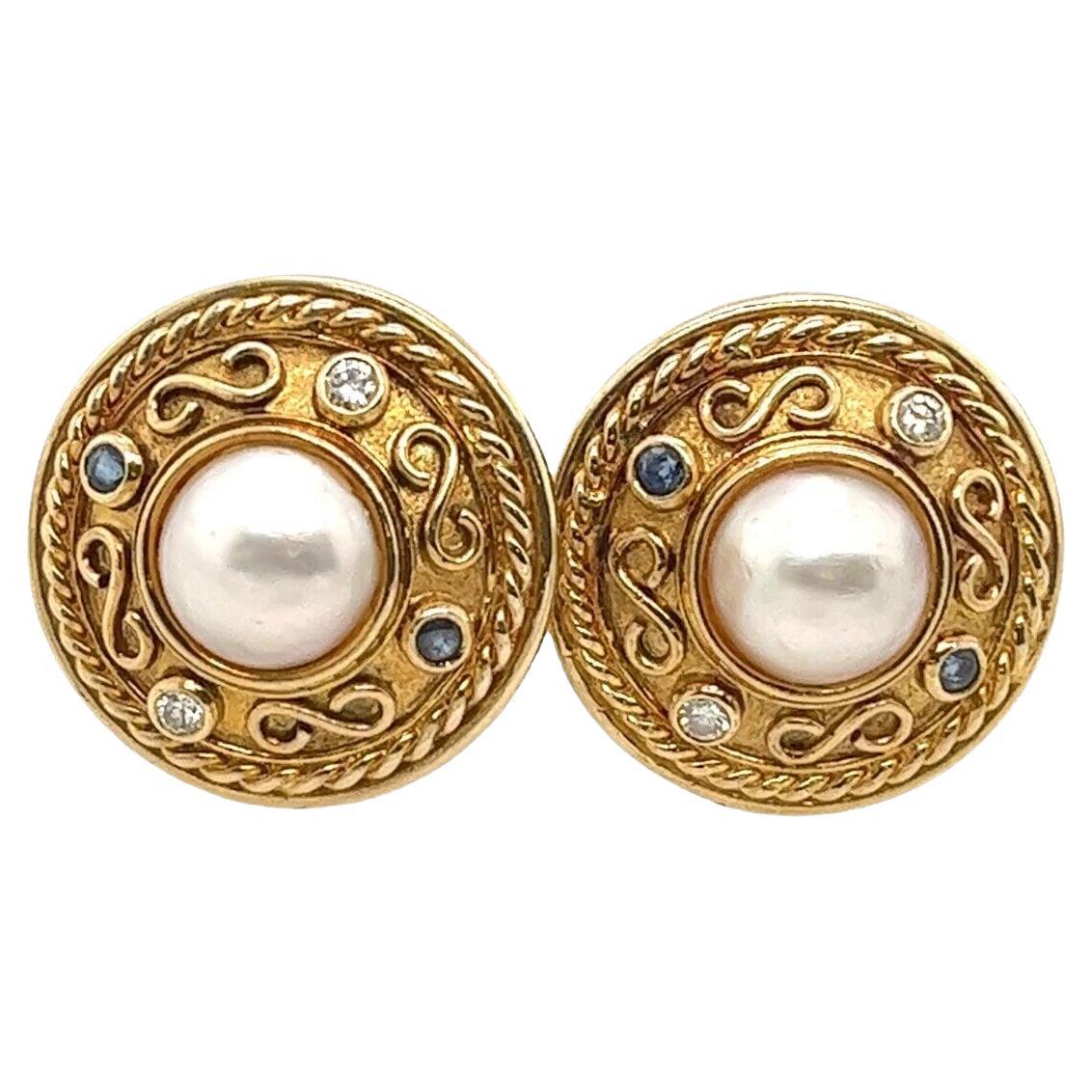 Etruscan Style Pearl Earrings Set with 2 Diamonds & 2 Sapphires in 9ct Gold For Sale