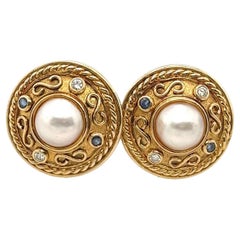 Etruscan Style Pearl Earrings Set with 2 Diamonds & 2 Sapphires in 9ct Gold