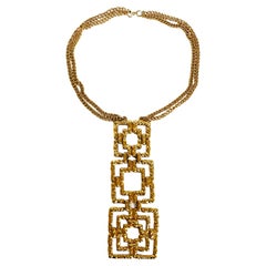 Etruscan Style Pendant Necklace Articulated Gold Metal Squares Vintage 70s