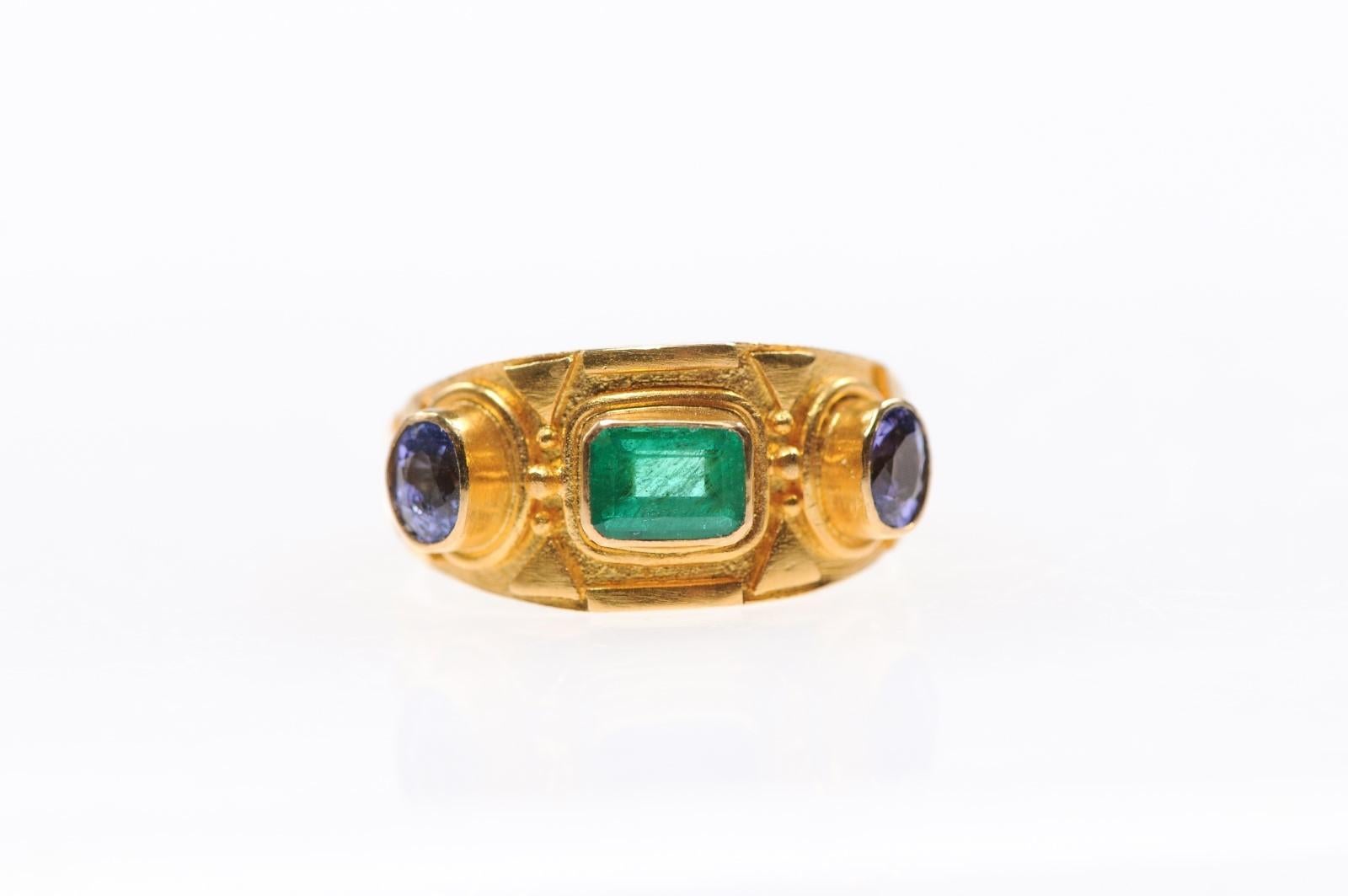 Etruscan Style Ring w/Emerald & Sapphires For Sale 4