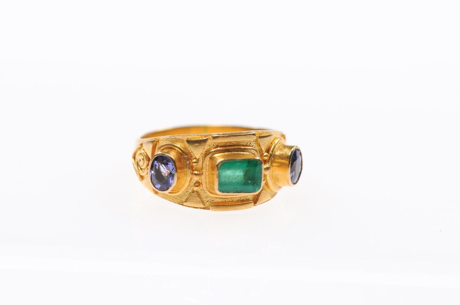 Classical Roman Etruscan Style Ring w/Emerald & Sapphires For Sale