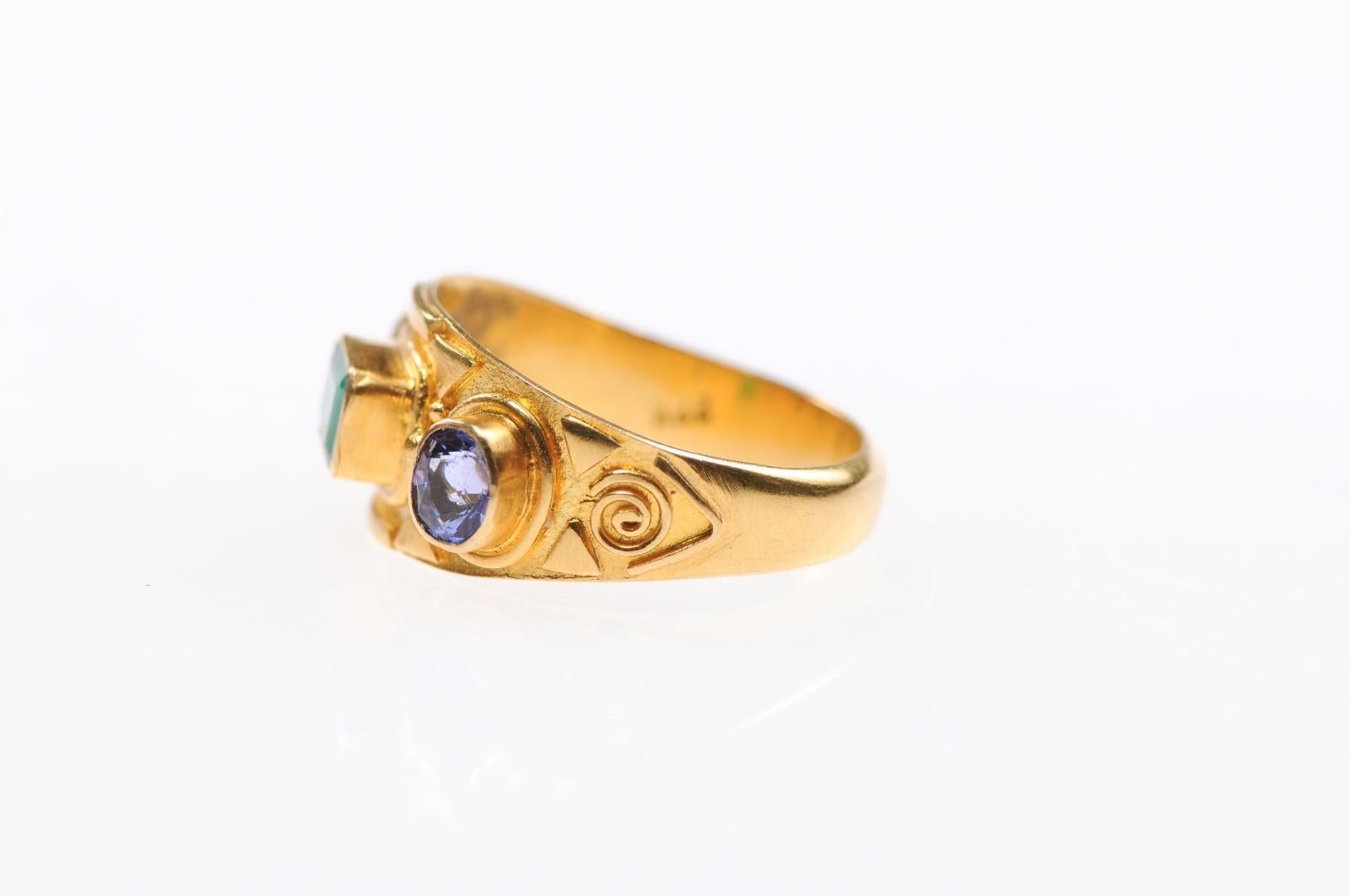 Etruscan Style Ring w/Emerald & Sapphires In Excellent Condition For Sale In Atlanta, GA