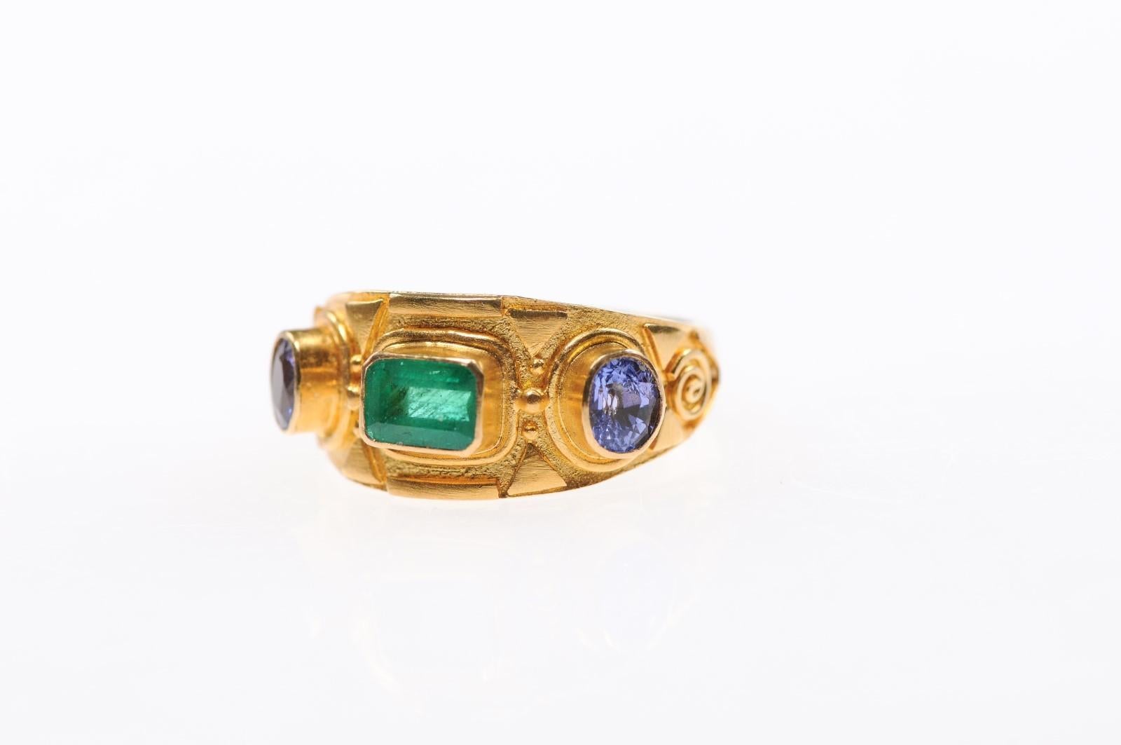 Women's Etruscan Style Ring w/Emerald & Sapphires For Sale