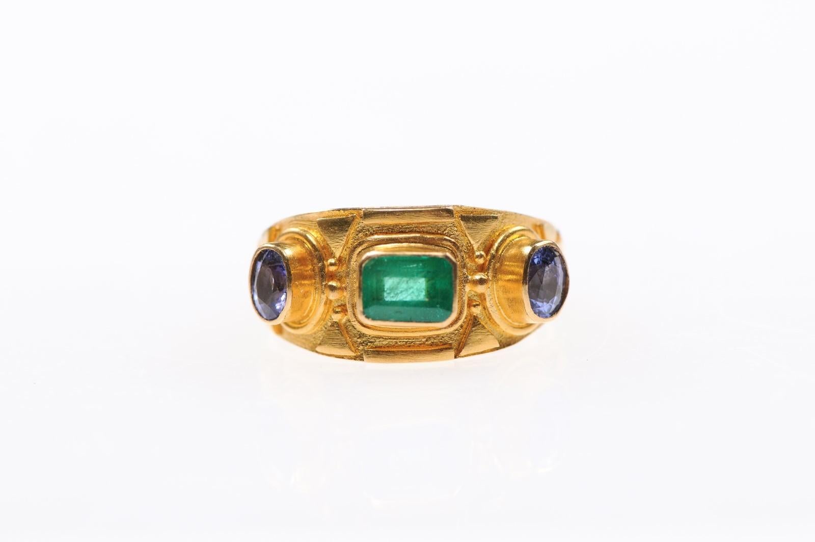 Etruscan Style Ring w/Emerald & Sapphires For Sale 1