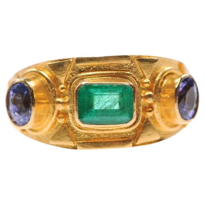 Etruscan Style Ring w/Emerald & Sapphires For Sale