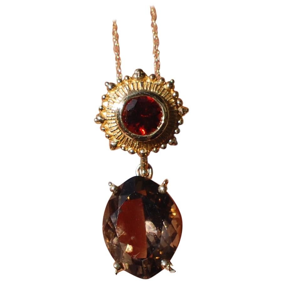 Etruscan Style Smokey Topaz and Garnet Pendant Necklace, Drop For Sale