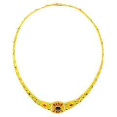 Halskette im etruskischen Stil aus massivem 18 Karat Gold, Saphir, Diamant, Rubin und Smaragd
