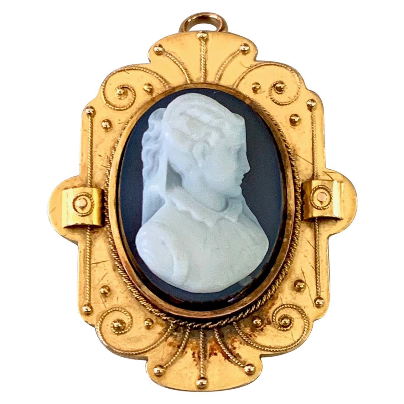 Etruscan Style Stone Cameo Pin/Pendant  For Sale
