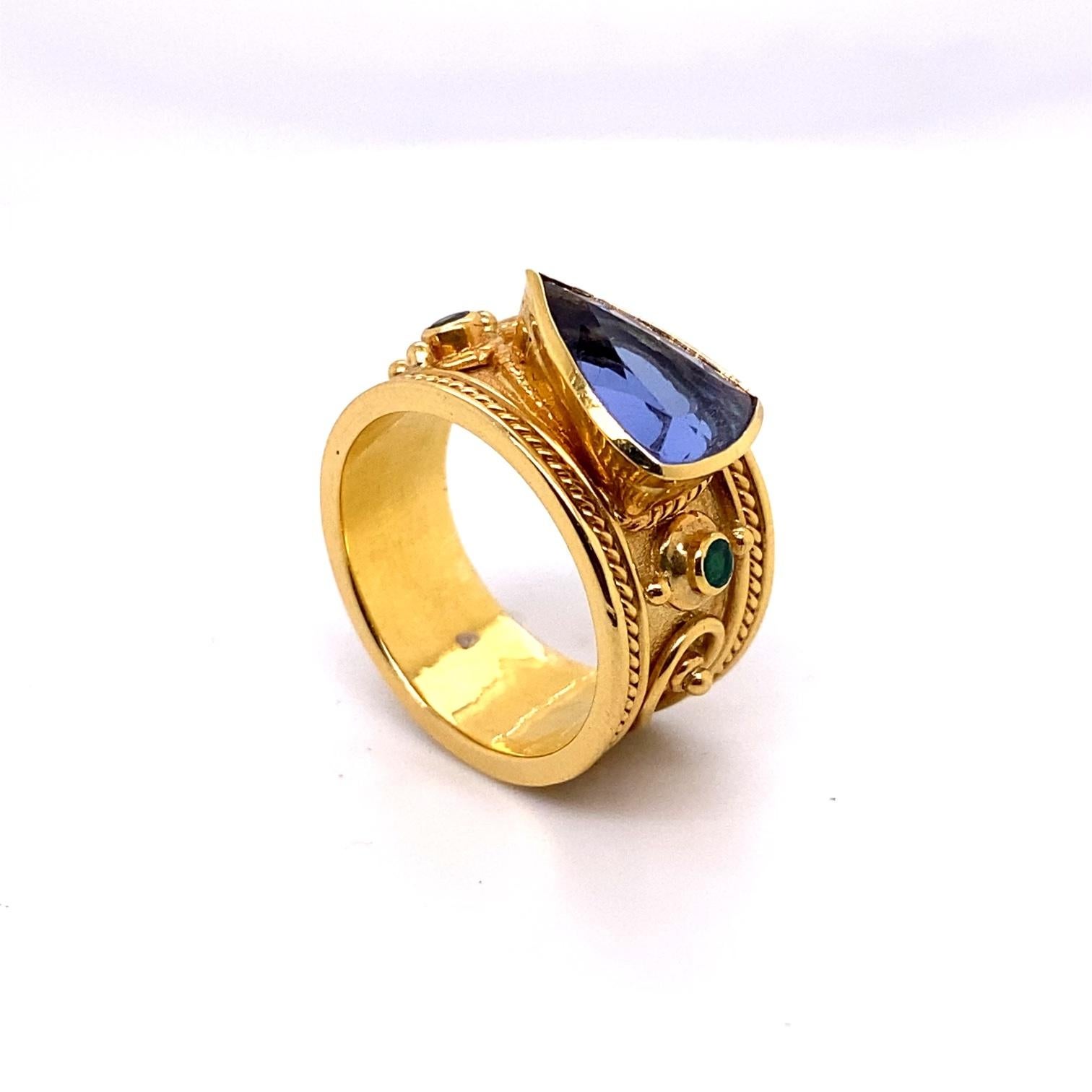 For Sale:  Etruscan Style Tanzanite and Emerald Ring in 18 Karat Gold 2