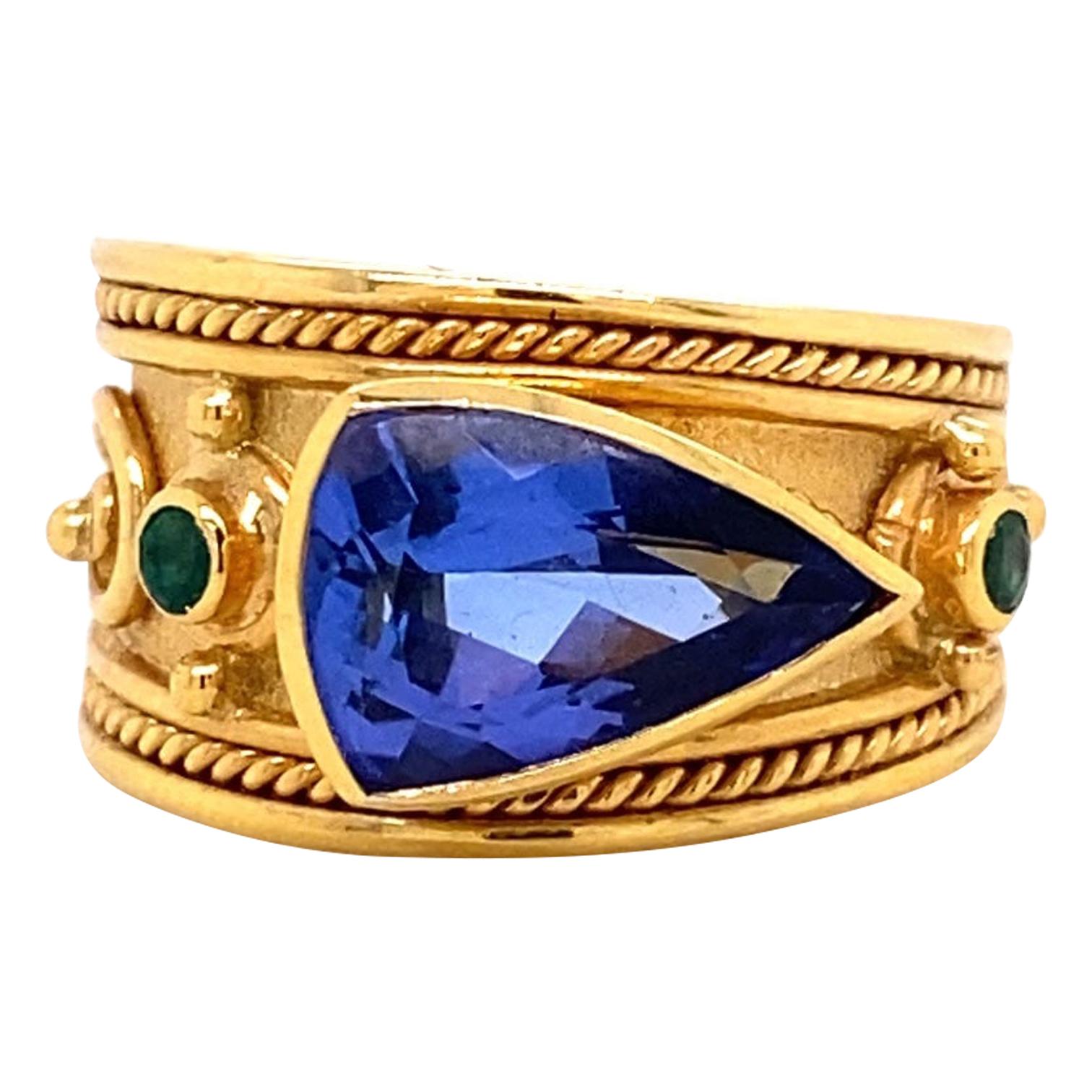 Etruscan Style Tanzanite and Emerald Ring in 18 Karat Gold