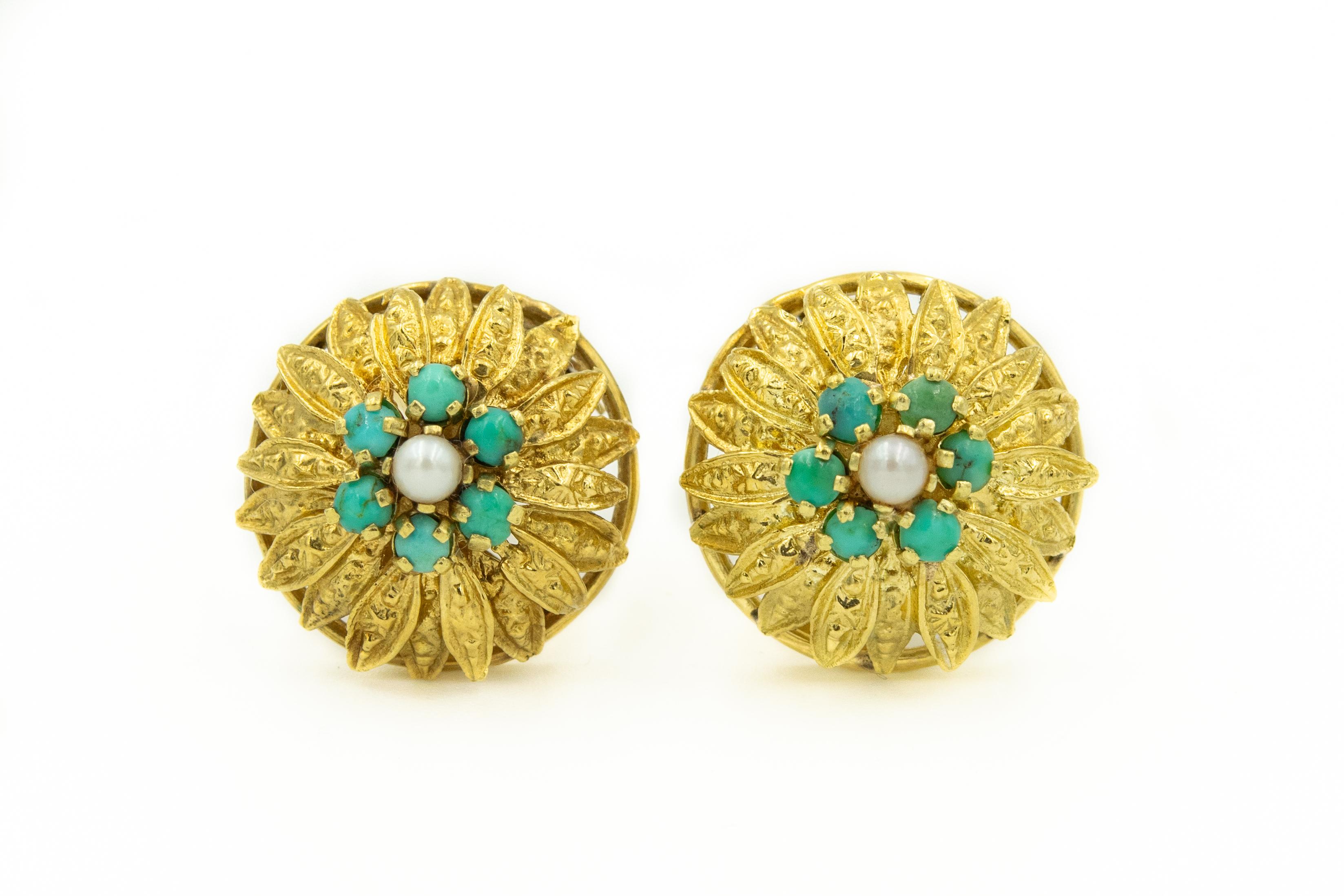 Delicate finely made dome clip-on earrings featuring a turquoise and pearl center amongst Etruscan style gold leaves.  Beautifully made in Israel in the mid 20th century.  These earrings are clip-on and have no post so are perfect for someone