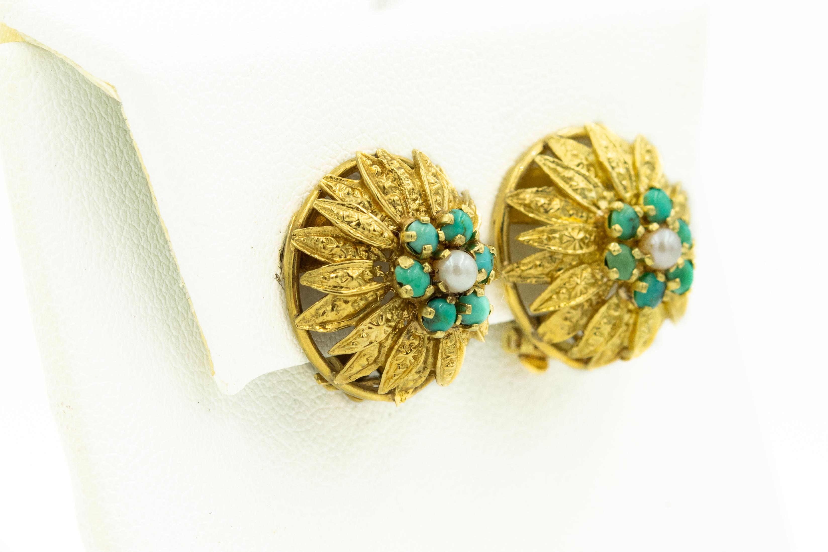 Cabochon Etruscan Stylized Leaf Turquoise and Pearl Yellow Gold Flower Clip-On Earrings For Sale