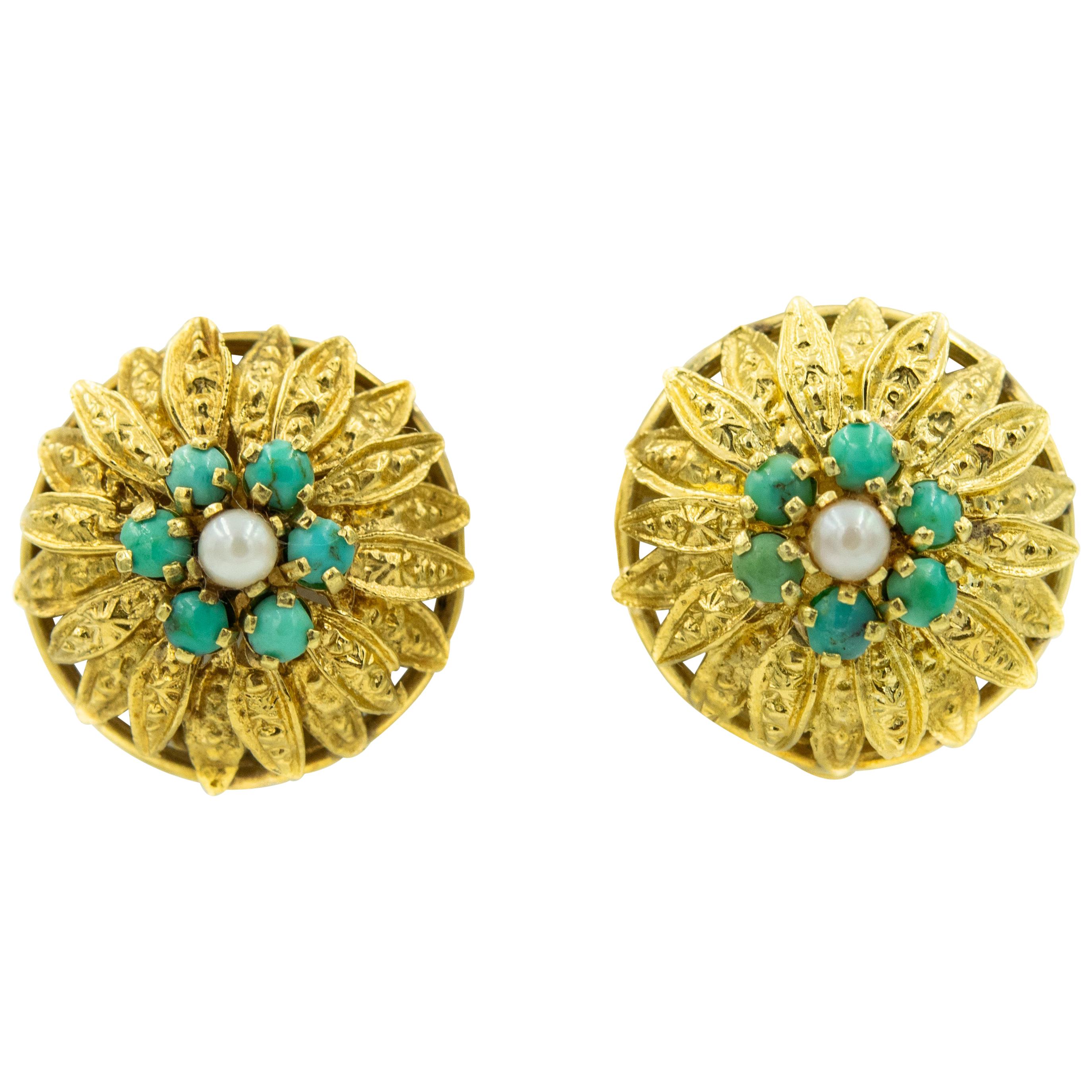 Etruscan Stylized Leaf Turquoise and Pearl Yellow Gold Flower Clip-On Earrings For Sale