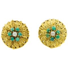 Vintage Etruscan Stylized Leaf Turquoise and Pearl Yellow Gold Flower Clip-On Earrings