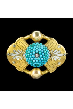 Etruscan Turquoise Diamond Mourning Brooch in 18ct Gold., circa 1860 – 1880
