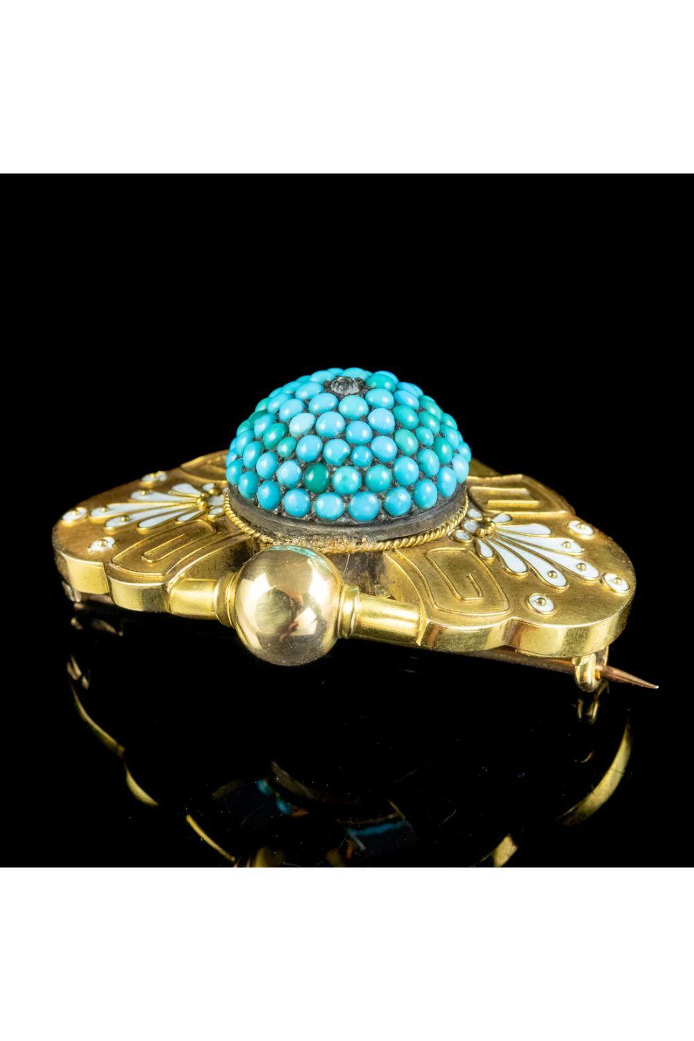Victorian Etruscan Turquoise Diamond Mourning Brooch in 18ct Gold., circa 1860 – 1880 For Sale