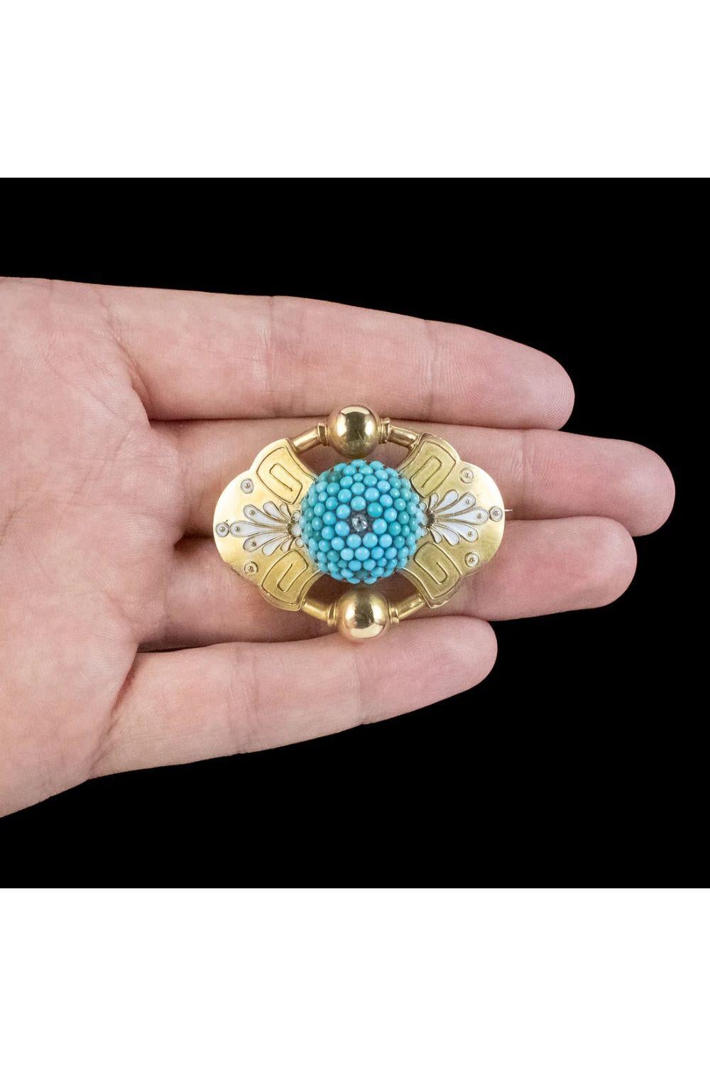 Etruscan Turquoise Diamond Mourning Brooch in 18ct Gold., circa 1860 – 1880 In Good Condition For Sale In Kendal, GB