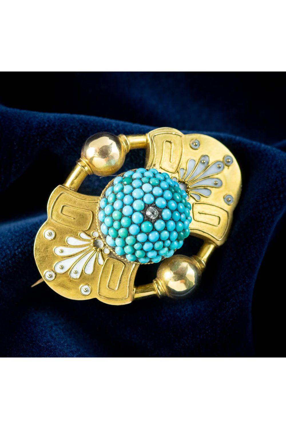 Women's Etruscan Turquoise Diamond Mourning Brooch in 18ct Gold., circa 1860 – 1880 For Sale