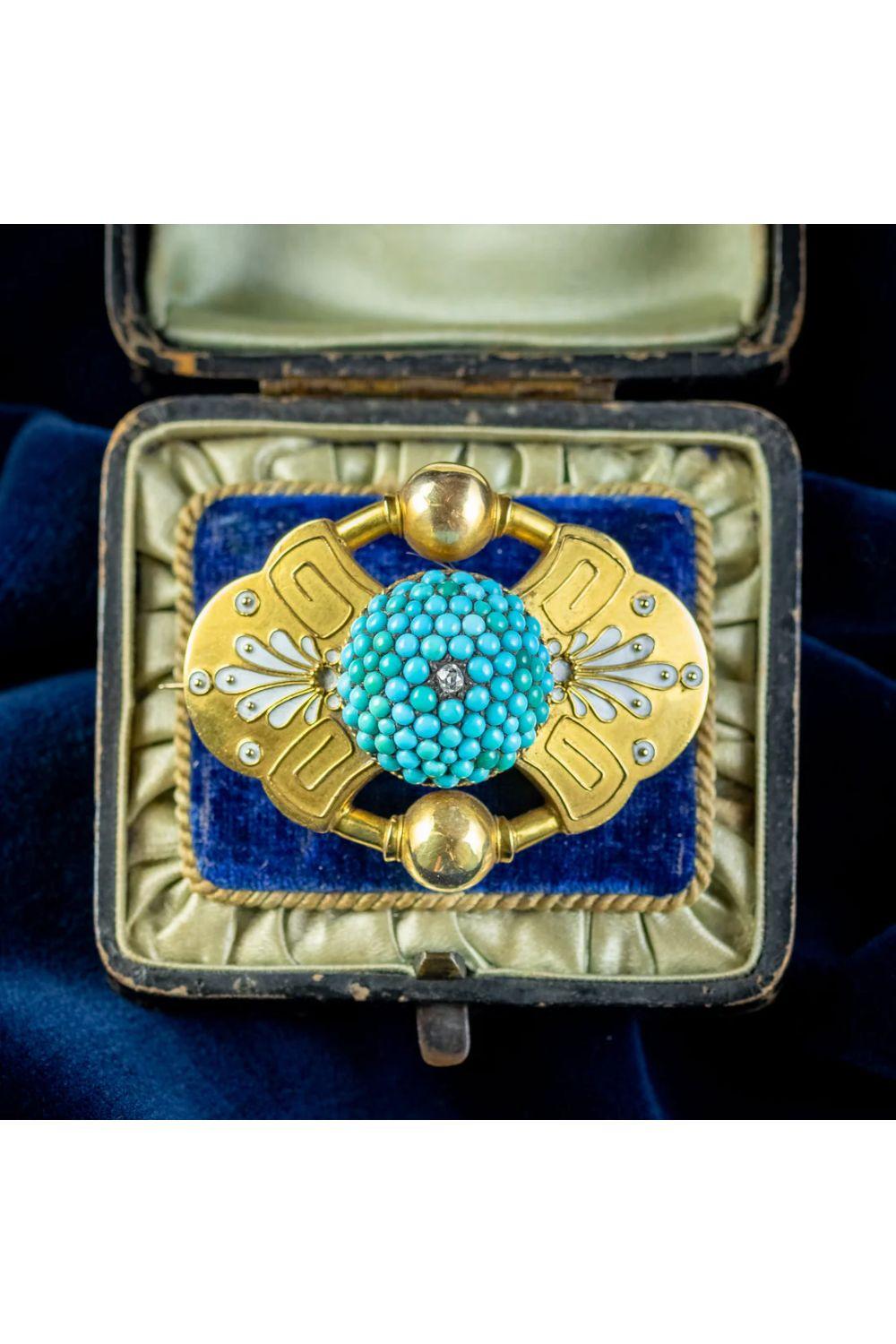 Etruscan Turquoise Diamond Mourning Brooch in 18ct Gold., circa 1860 – 1880 For Sale 1
