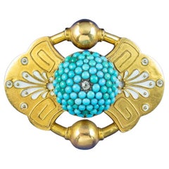 Etruskische Türkis-Diamant-Trauerfibel aus 18-karätigem Gold, um 1860 - 1880