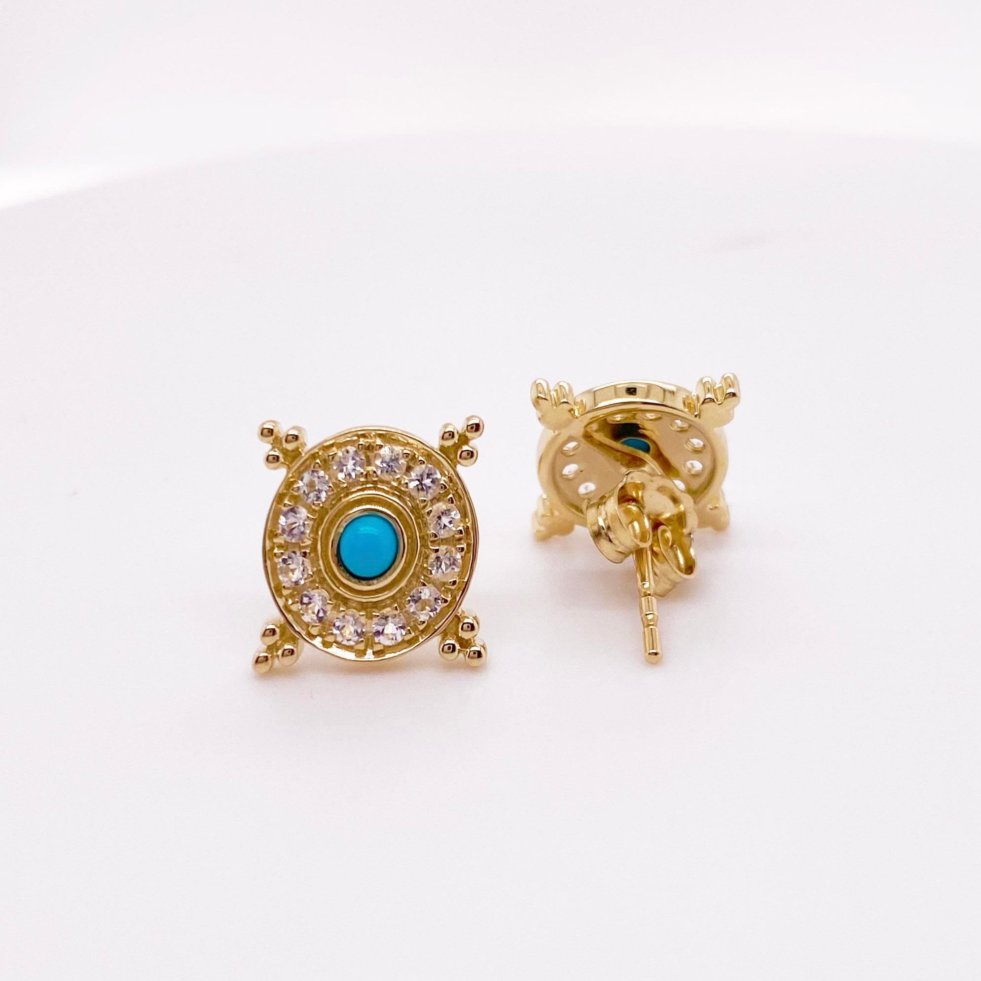 These turquoise earrings have an amazing Etruscan detailing with nice size topaz gems surrounding the turquoise. The earrings are solid 14 karat gold with 14 karat gold posts and backs. The details for these gorgeous earrings are listed below:
Metal