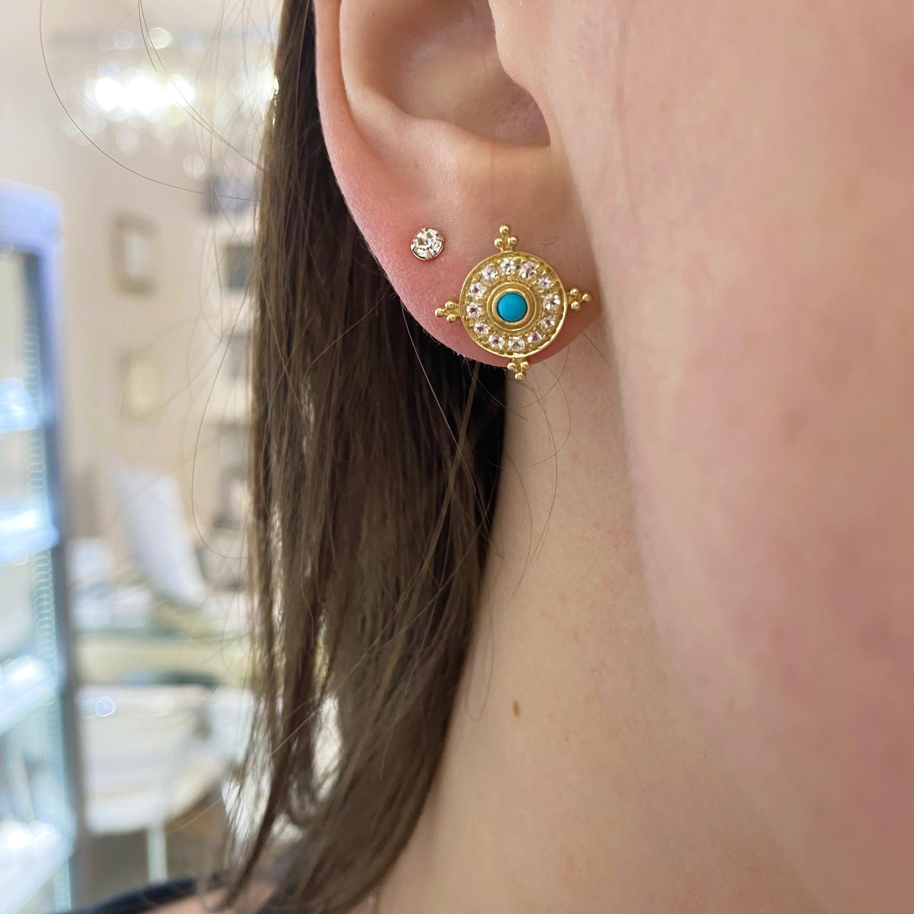 Modern Etruscan Turquoise Earring Surrounded by Brilliant White Topaz in 14k Gold For Sale