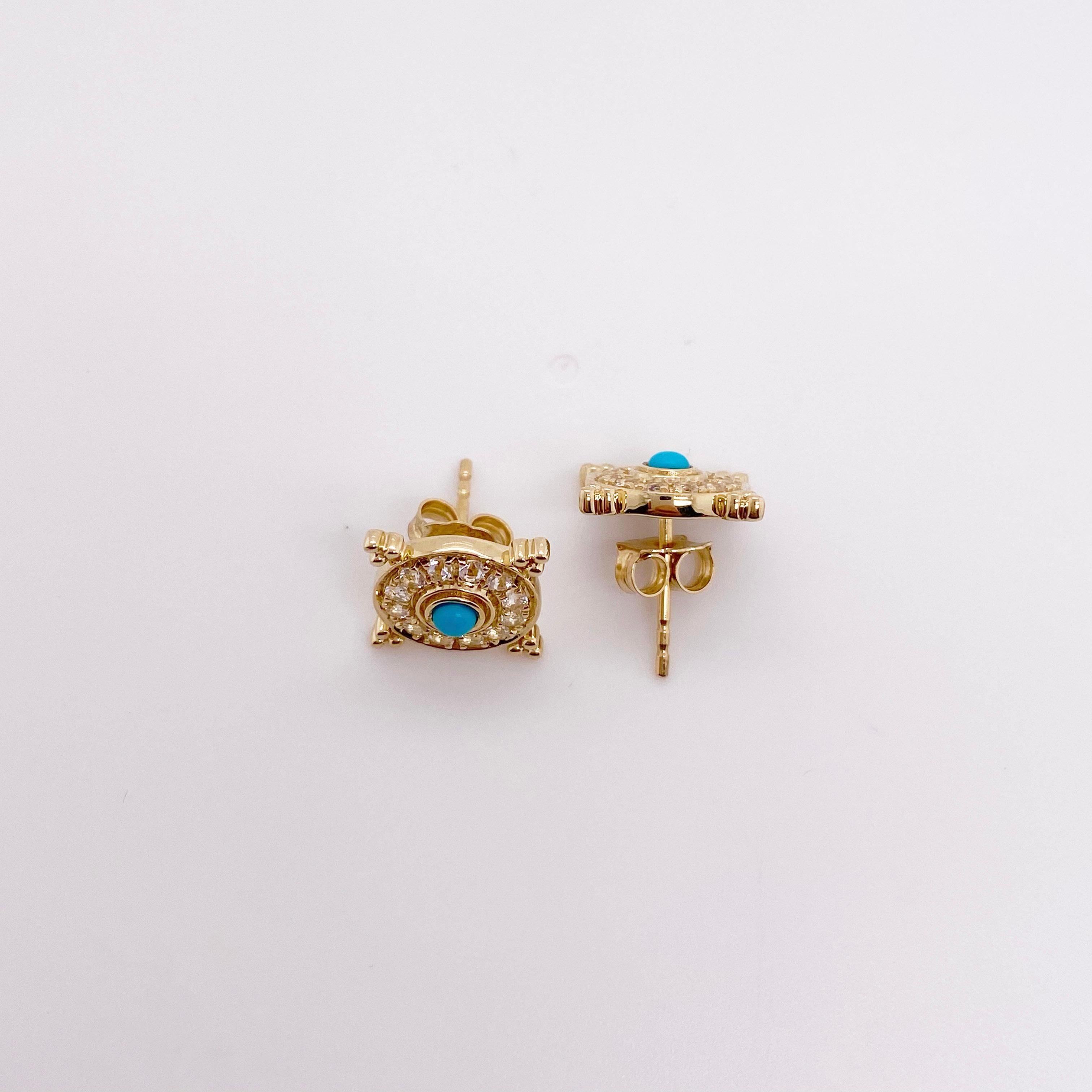 Round Cut Etruscan Turquoise Earring Surrounded by Brilliant White Topaz in 14k Gold For Sale