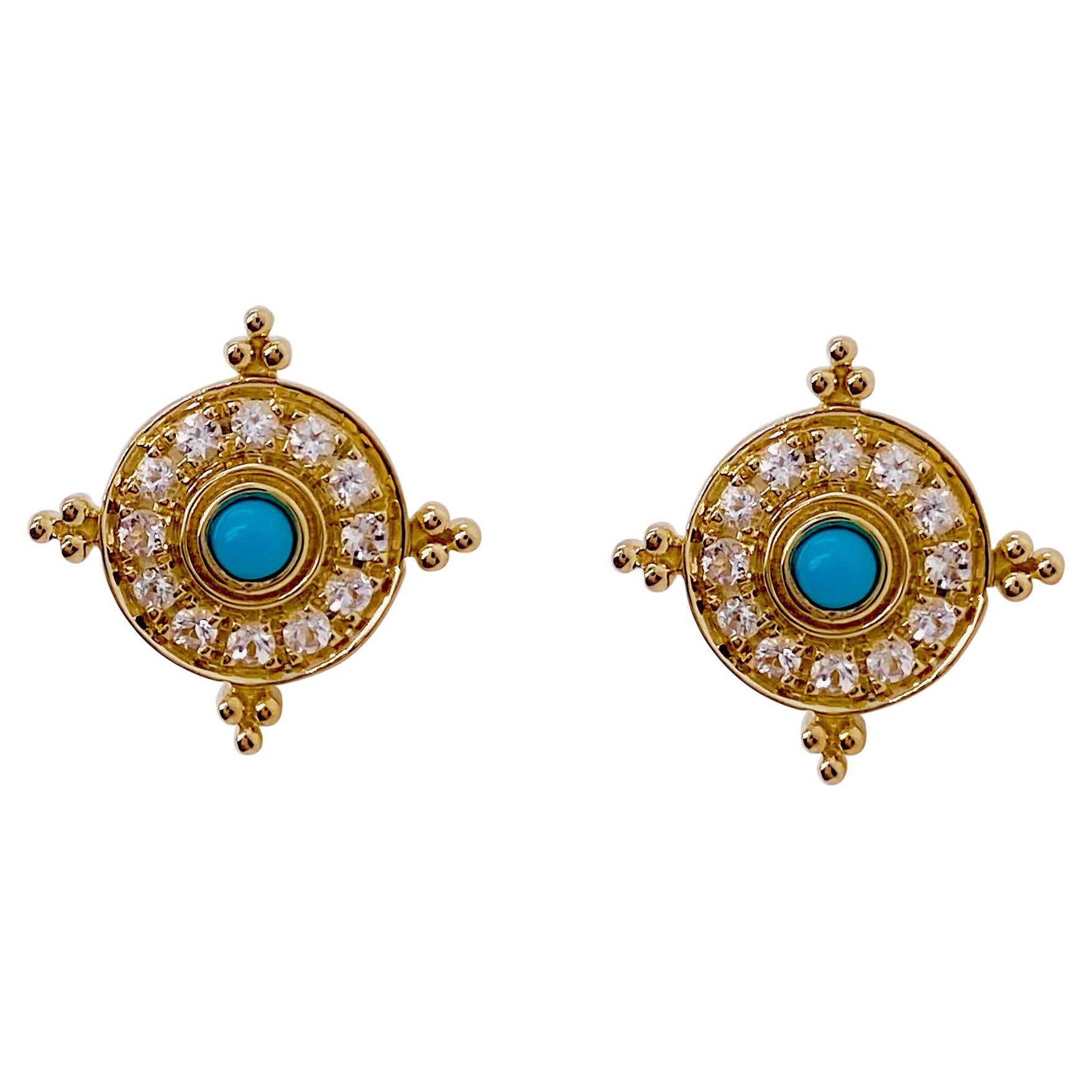 Etruscan Turquoise Earring Surrounded by Brilliant White Topaz in 14k Gold For Sale