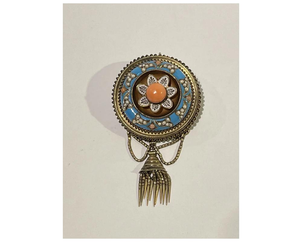 Fantastic Etruscan Victorian 18K Gold Enamel Turquoise Coral Pearl Pin Brooch 
Condition is good no damage some minor wear Consistent with age and use please see the photos for condition 
size is approximately 2 ½ inches long by 2 inches wide 
Ready