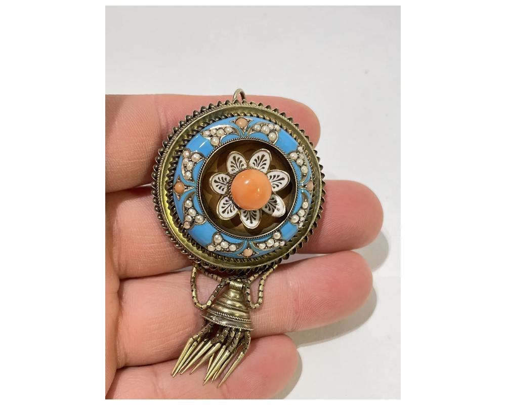 Uncut Etruscan Victorian 18K Gold Enamel Turquoise Coral Pin For Sale