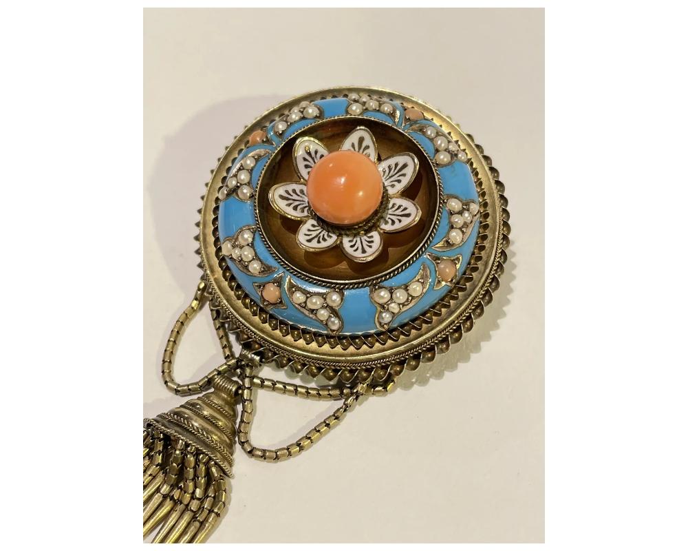 Etruscan Victorian 18K Gold Enamel Turquoise Coral Pin For Sale 1