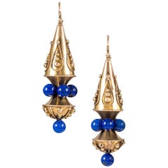 Antique Etruscan Victorian Earrings with Lapis Beads