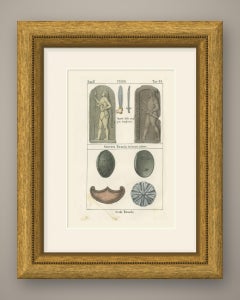 Etruscan Warriors in Relief, Swords and Shields, Hand Colored Lithograph, 1842