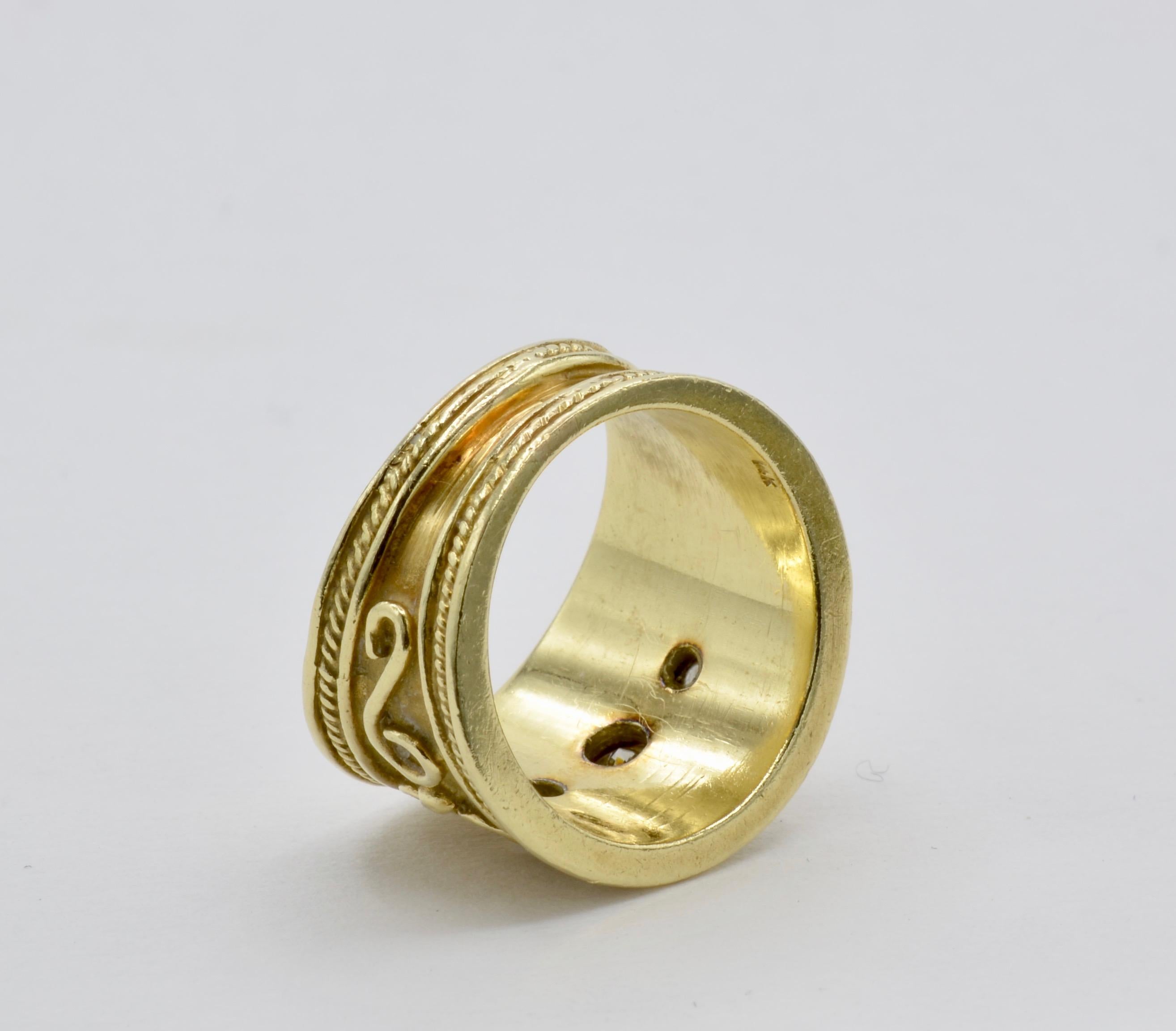Breiter etruskischer Bandring aus Gelbgold mit Diamanten und Spiralen für Damen oder Herren