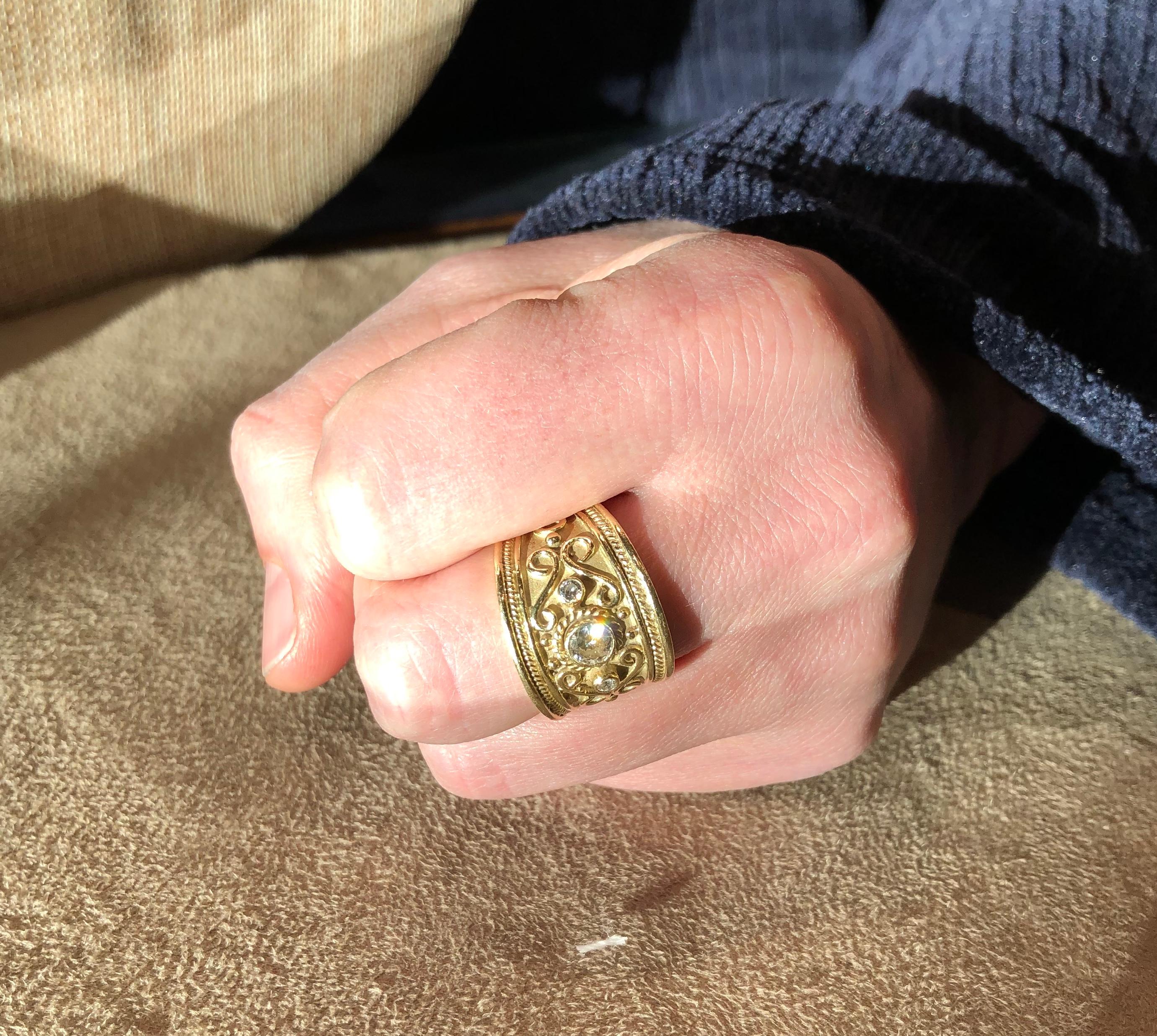 Etruscan Wide Yellow Gold Band Ring with Diamonds and Spirals In Excellent Condition In Berkeley, CA