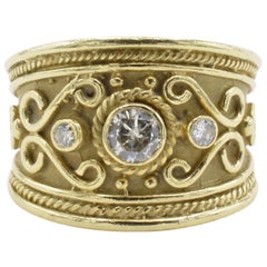 Breiter etruskischer Bandring aus Gelbgold mit Diamanten und Spiralen