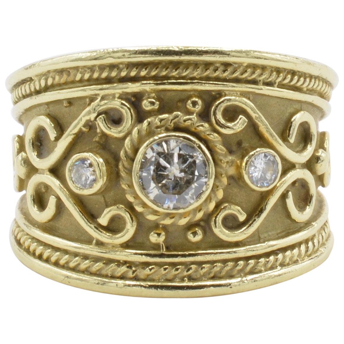 Etruscan Wide Yellow Gold Band Ring with Diamonds and Spirals